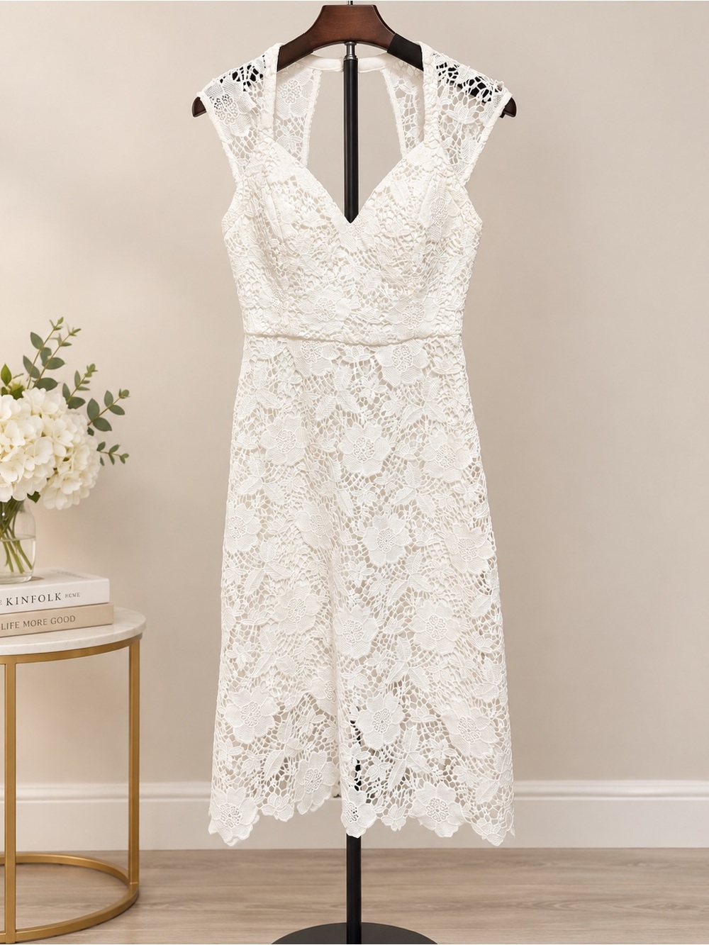 Lace V-Neck Midi Dress in White